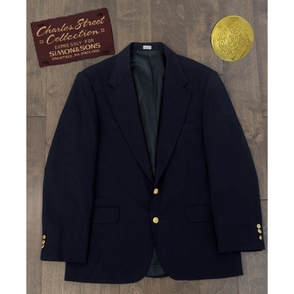 Charles Street Collection Men Navy Blue Wool Suit Jacket Blazer Gold Buttons 40R
